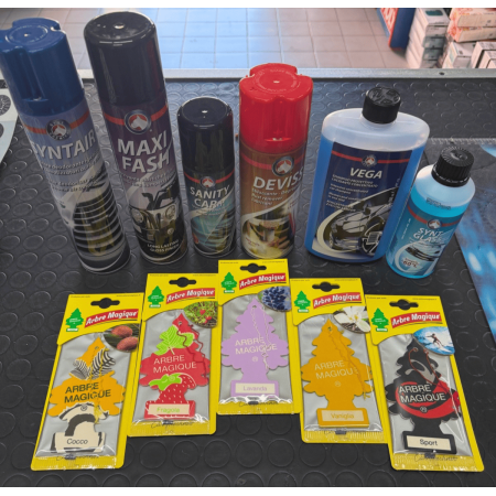 KIT CURA AUTO SYNT CHEMICAL COMPLETO – Pulizia Interni, Esterni, Vetri + 5 ARBRE MAGIQUE